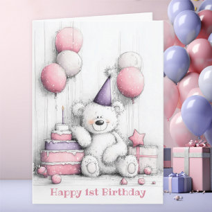 Cartão Primeiro aniversario de Urso Rosa-Rosa-Cor-de-Rosa