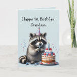 Cartão Primeiro aniversario do Grandson Fun Raccoon<br><div class="desc">Grandson Fun Raccoon para o Primeiro Bolo de Aniversário,  animal da vida selvagem,  arte gráfica da natureza</div>