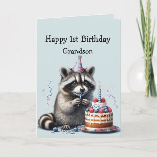 Cartão Primeiro aniversario do Grandson Fun Raccoon