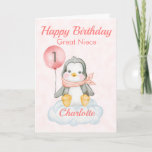 Cartão primeiro aniversario Feliz Excelente Niece Penguin<br><div class="desc">Um cartão de aniversário de pinguins de bebê do Excelente Niece. O cartão apresenta um pinguim bebê sentado numa nuvem segurando um balão. Um doce design para uma menina que terá um ano de idade. Adicione o nome da criança à frente do cartão para personalizá-lo para aquela menina especial. A...</div>