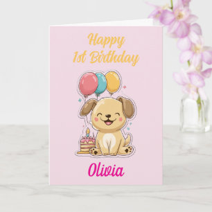 Cartão Primeiro aniversario Feliz, Menina, Feliz Cachorro