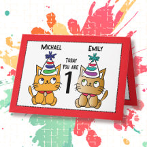 Primeiro Aniversário Gatinho Fofo Cartoon Gêmeos P