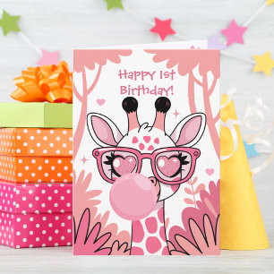 Cartão Primeiro Aniversário Girafa Rosa Bolha Rosa Bonita