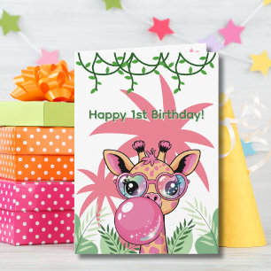 Cartão Primeiro Aniversário Girafa Rosa Bolha Rosa Bonita