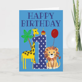 Cartão primeiro aniversario para Menino com Girafa e Leão