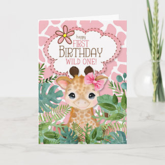 Cartão Primeiro aniversario Tema da Girafa da Selva Rosa 