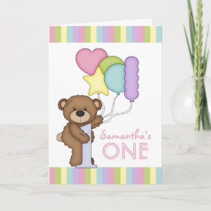 Cartão primeiro aniversario Urso Arco-Íris Stripes e Balõ