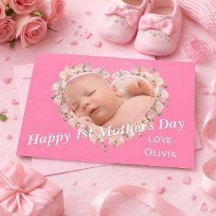 Cartão Primeiro Dia das Mães Bebê Foto SVG Coração Floral