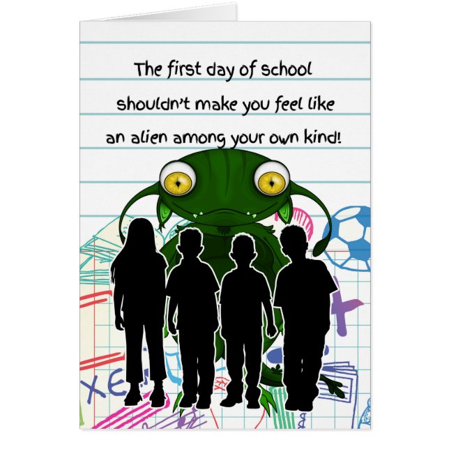 Cartão Primeiro dia de escola com crianças jovens e humor (Frente)