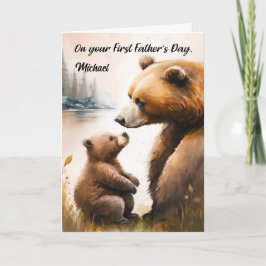 Cartão Primeiro Dia de os pais Papa e Urso Bebê Personali