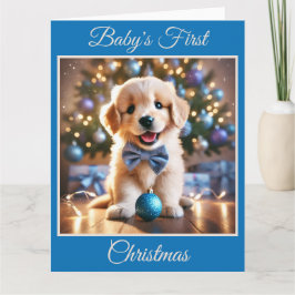 Cartão Primeiro Natal do Bebê Puppy (Azul)