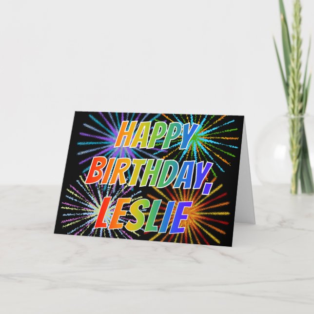 Cartão Primeiro nome "LESLIE" Diversão "FELIZ ANIVERSÁRIO (Frente)