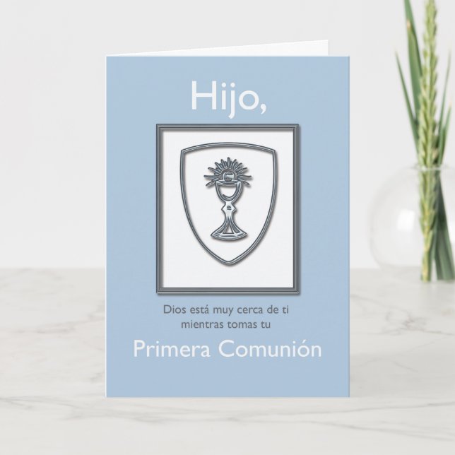 Cartão Primeiros comunhão, espanhol, azul e prata do (Frente)