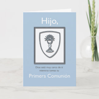 Cartão Primeiros comunhão, espanhol, azul e prata do