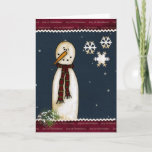 Cartão primitivo do Natal do boneco de neve<br><div class="desc">O cartão primitivo do Natal com um boneco de neve que reliaxing no céu nocturno com a neve lasca-se caindo.</div>