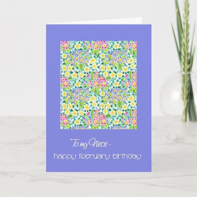 Cartão Primroses Feader Birthday Card para a sobrinha (Frente)