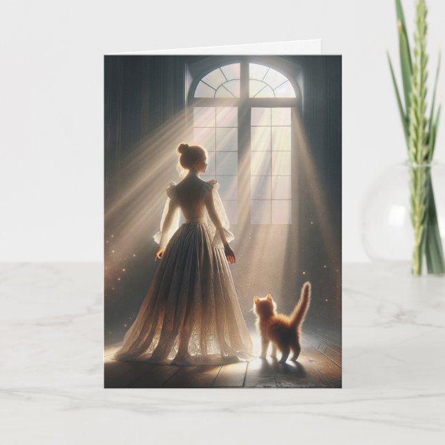 Cartão Princesa de aniversário com um gatinho (Frente)