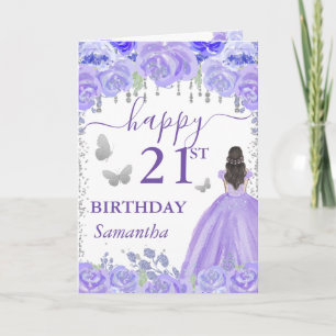 Cartão Princesa de Cabelo Castanho Vestido Roxo Aniversár