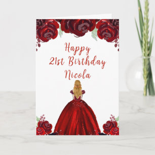 Cartão Princesa de Cabelo Loiro Vermelho Floral Aniversár