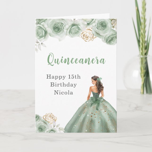 Cartão Princesa em Sage Green Dress Birthday Quinceanera (Frente)