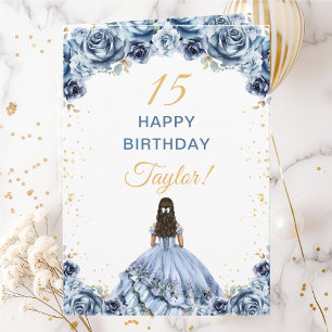 Cartão Princesa Floral Azul Empoeirado Feliz Aniversário