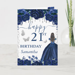 Cartão Princesa Morena Vestido Azul Marinho Aniversário