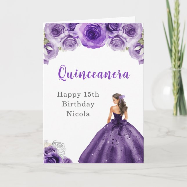 Cartão Princesa no Vestido Roxo Quinceanera (Frente)
