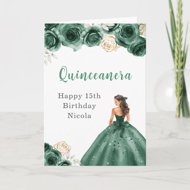 Cartão Princesa no Vestido Verde Escuro Quinceanera (Frente)