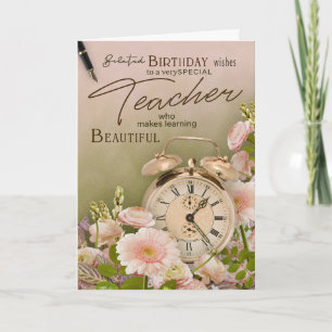 Cartão Professor Relógio Floral Aniversário Atrasado