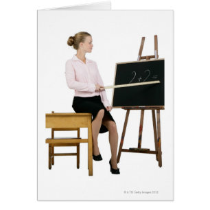 Cartão Professora feminina apontando régua no quadro