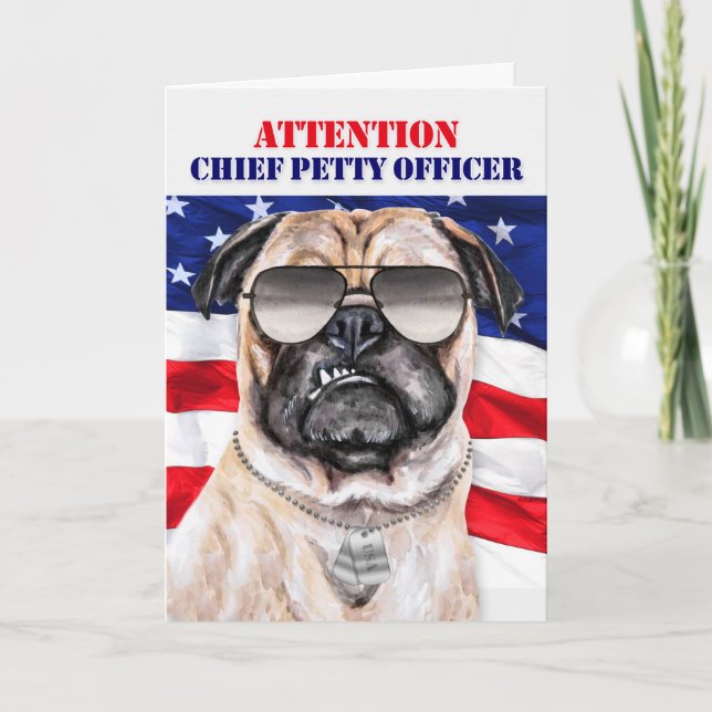 Cartão Promoção do Chefe do Sub oficial Militar Pug Dog (Frente)