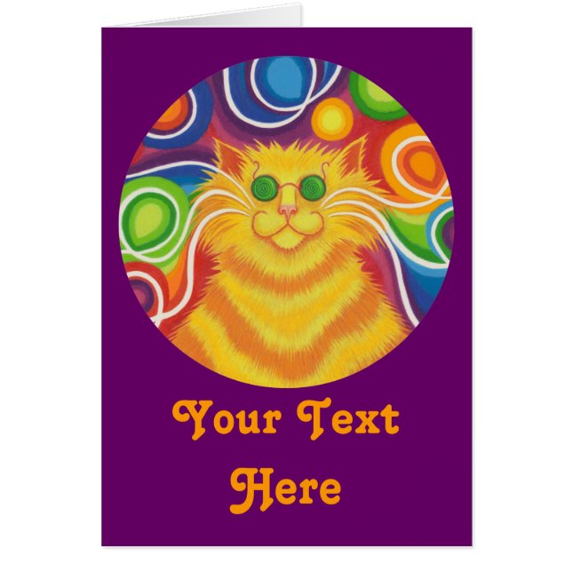 Cartão Psy-cat-delic round 'Your Text' card roxo (Frente)