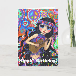 Cartão Psychedelic Hippie Mermaid Girl with Guitar Peace