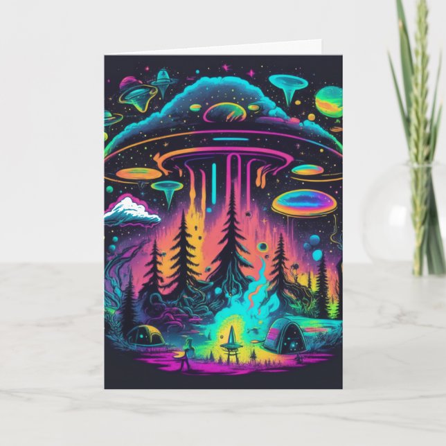 Cartão Psychedelic UFO Fantasy Art Birthday (Frente)