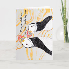 Cartão Puffins Amorosos Parabéns pelo seu dia de casament