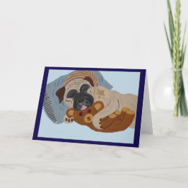 Cartão Pug Adormecido com Urso de Pelúcia