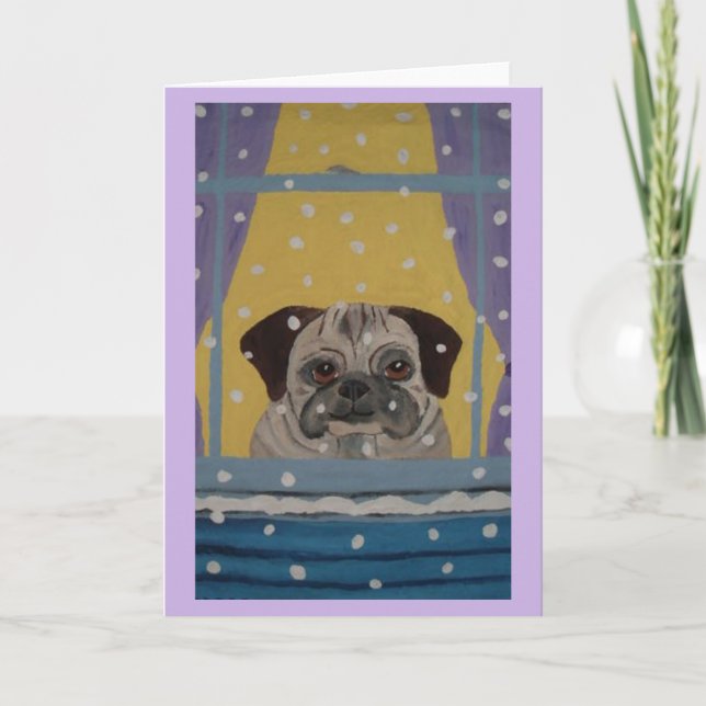 Cartão Pug assistindo a nevar (Frente)