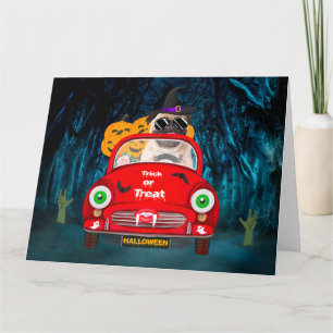 Cartão Pug Cão Dirigindo Carro Assustador Halloween
