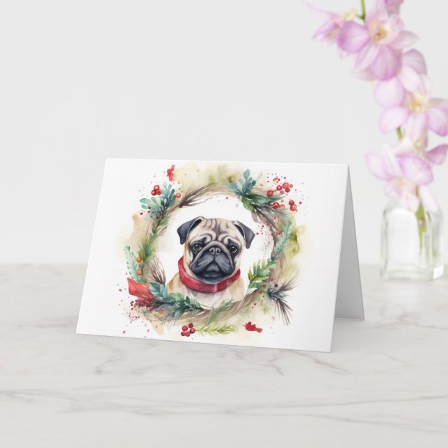 Cartão Pug Christmas Wreath Festivo Pup (Orquídea)
