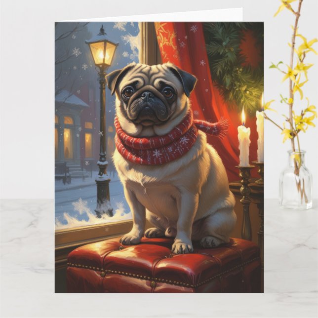 Cartão Pug com Férias das Luzes de Natal (Flor Amarela)