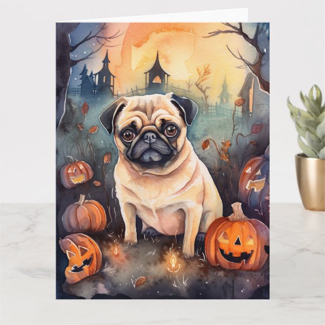 Cartão Pug de Halloween com Abóboras Assustadoras (Planta pequena)