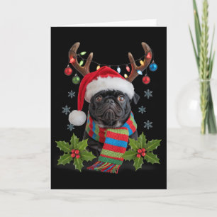 Cartão Pug de Natal com Chapéu de Papai Noel e Cachecol