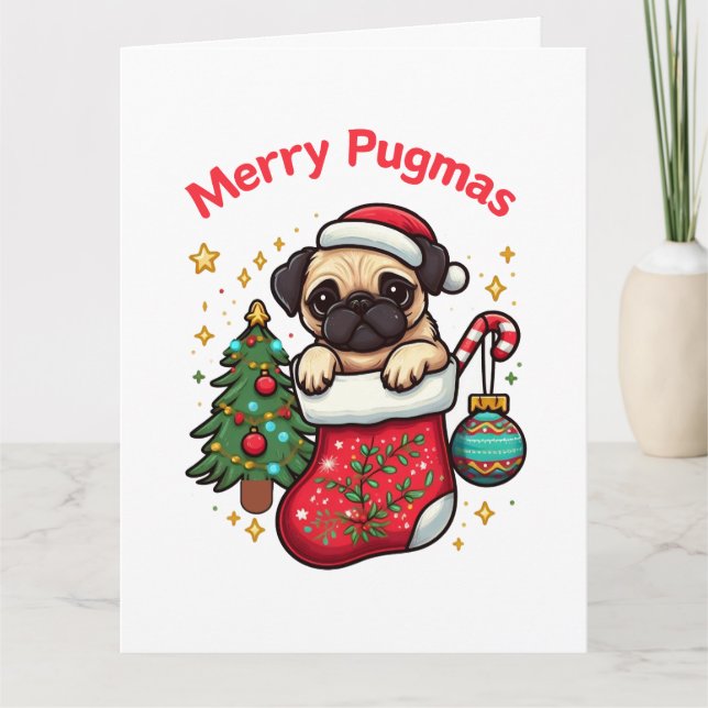 Cartão Pug de Natal "Feliz Pugmas" bonito (Frente)