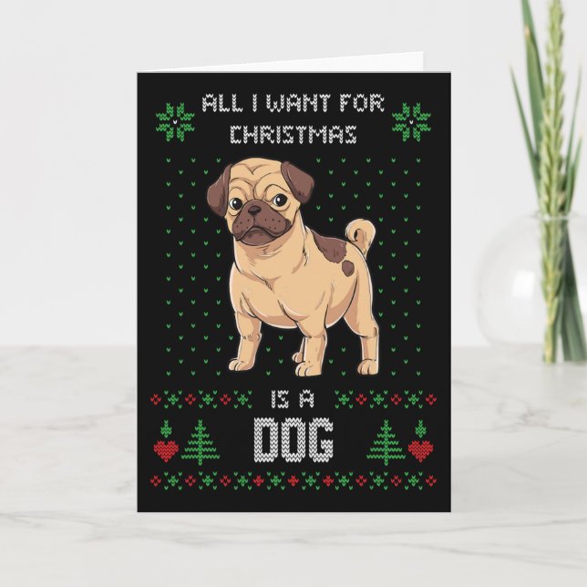 Cartão Pug de Suéter de Natal Feio Cachorro de Suéter Fei (Frente)