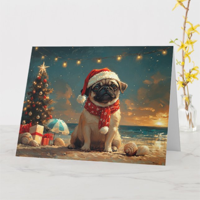 Cartão Pug Dog Christmas Vintage Beach (Flor Amarela)