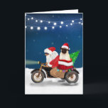 Cartão Pug Dog Natal Papai Noel<br><div class="desc">Um Papai Noel andando de bicicleta entregando árvore de Natal e cão Pug como presente é uma ideia perfeita de presente de Natal para alguém que ama essa raça de cachorro.</div>