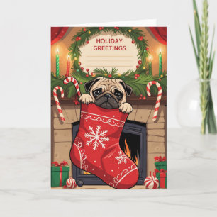Cartão Pug em Meia de Natal Arte de Desenho Animático de 