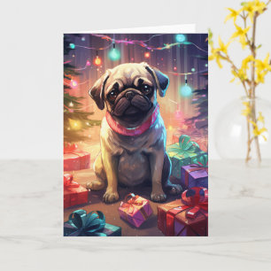 Cartão Pug em pijamas de Natal junto à árvore