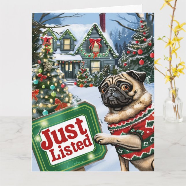 Cartão Pug Festivo Humor Realtor Christmas (Flor Amarela)