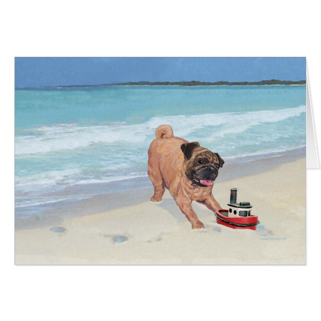 Cartão Pug na praia (Frente Horizontal)